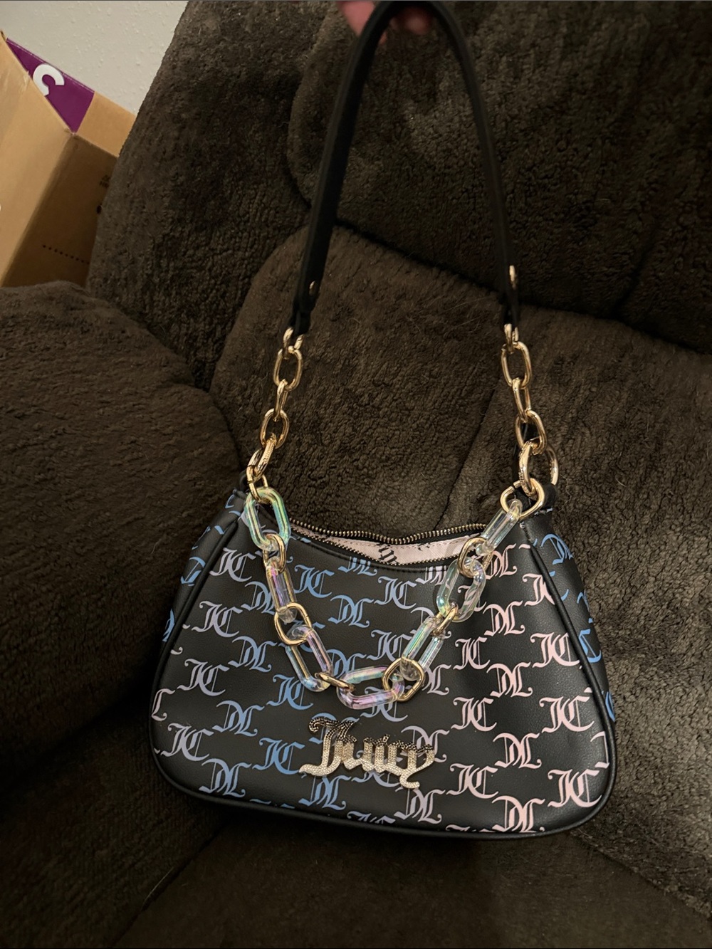 Juicy Couture Black Multicolor Logo Shoulder Bag with Gold Chain